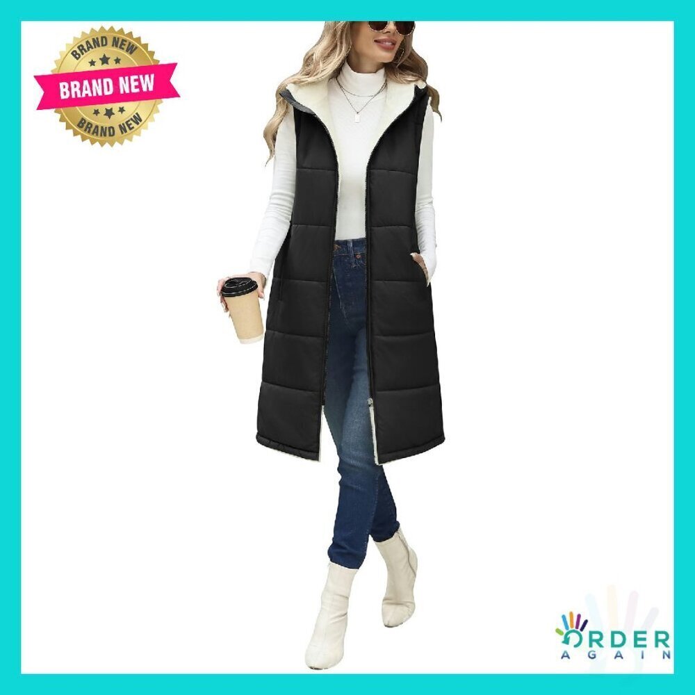Long Fleece Vest Sleeveless Sherpa Quilted Jacket Trendy Warm Fall Winter
